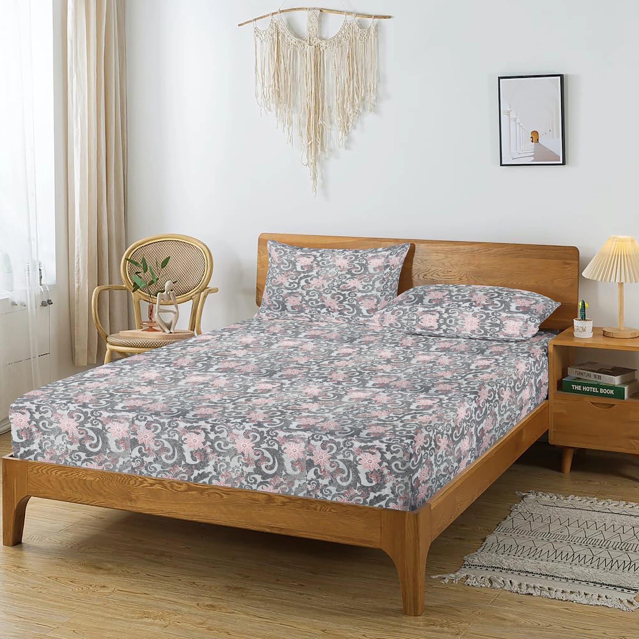 Printed Floral Cotton 144 TC Bedsheet with Pillow Covers - Grey