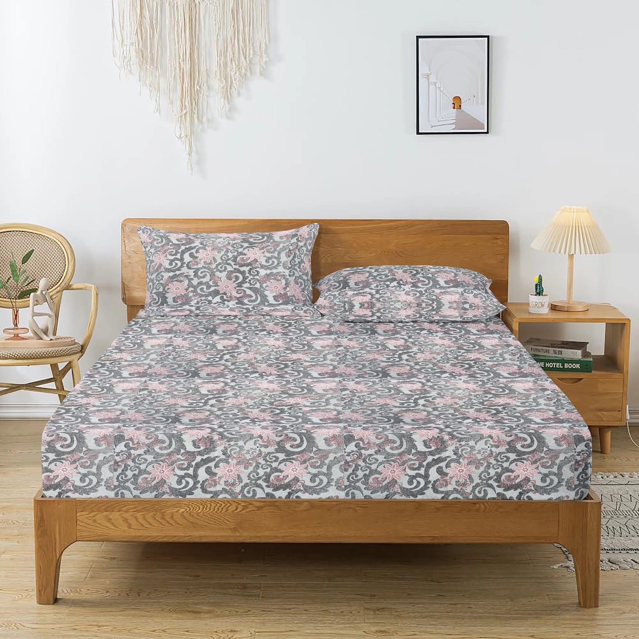 Printed Floral Cotton 144 TC Bedsheet with Pillow Covers - Grey