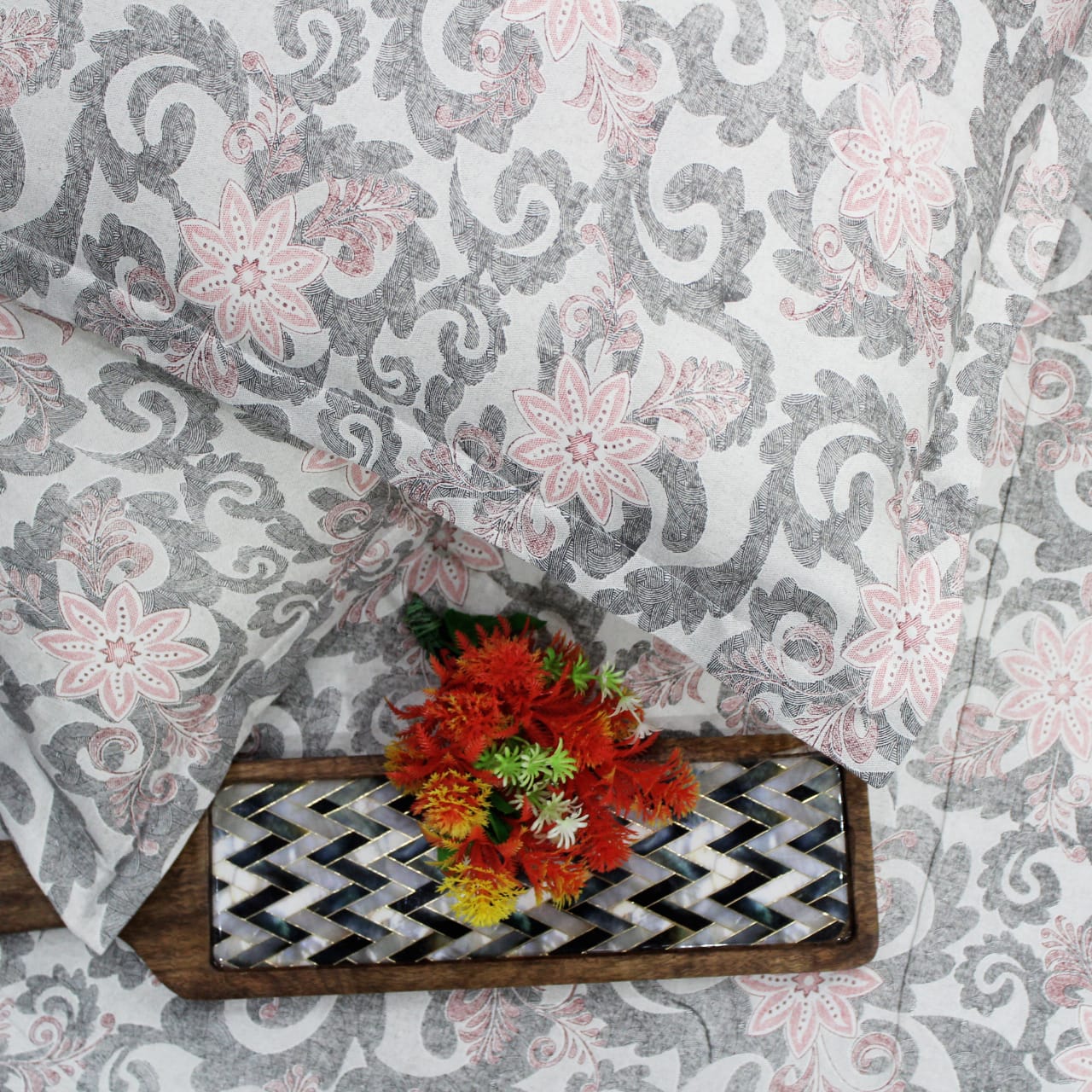 Printed Floral Cotton 144 TC Bedsheet with Pillow Covers - Grey