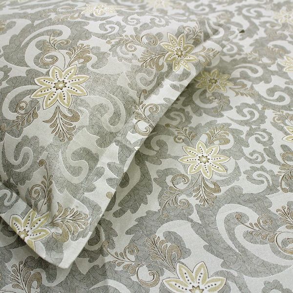 Printed Floral Cotton 144 TC Fitted Bedsheet with Pillow Covers - Khaki