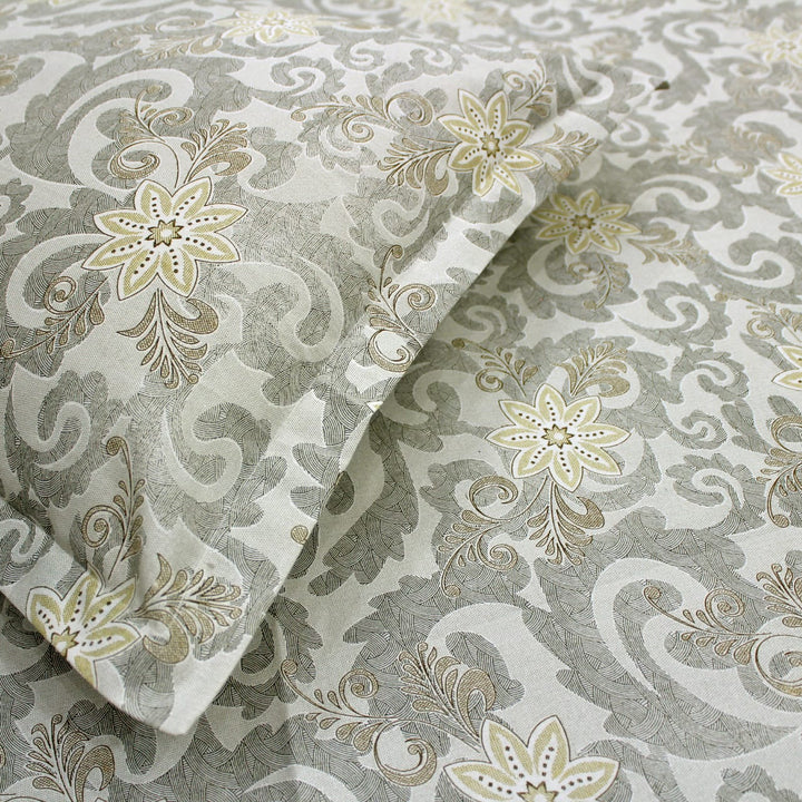 Printed Floral Cotton 144 TC Bedsheet with Pillow Covers - Khaki