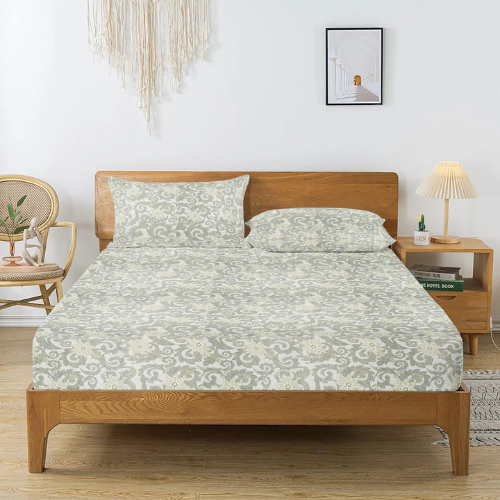 Printed Floral Cotton 144 TC Bedsheet with Pillow Covers - Khaki