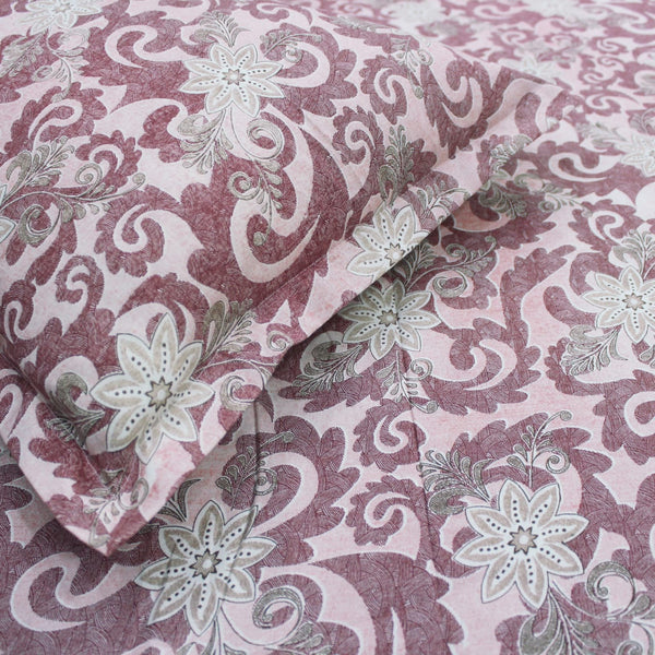 Close-up view Printed Floral Cotton 144 TC Fitted Bedsheet with Pillow Covers - Magenta