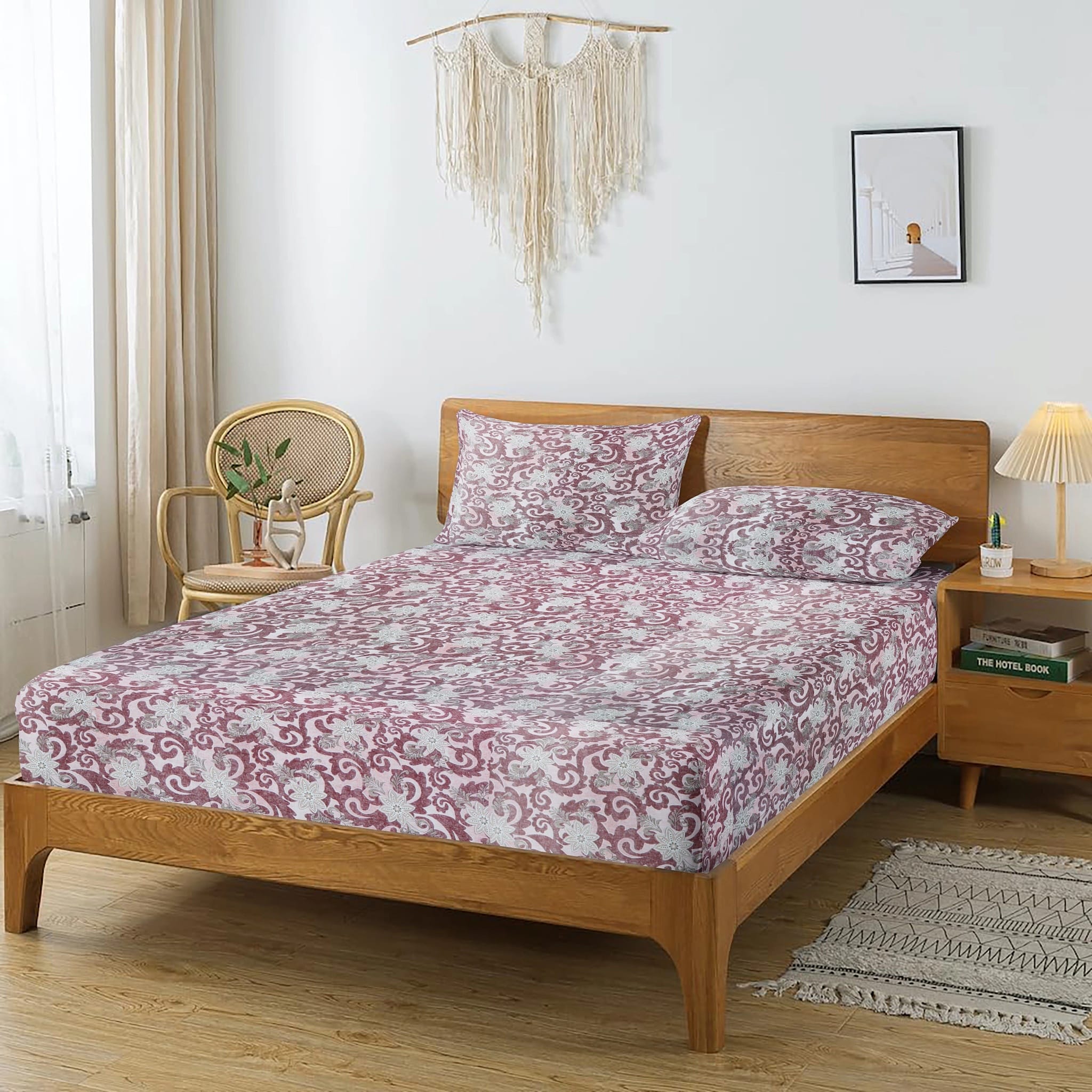 Printed Floral Cotton 144 TC Fitted Bedsheet with Pillow Covers - Magenta