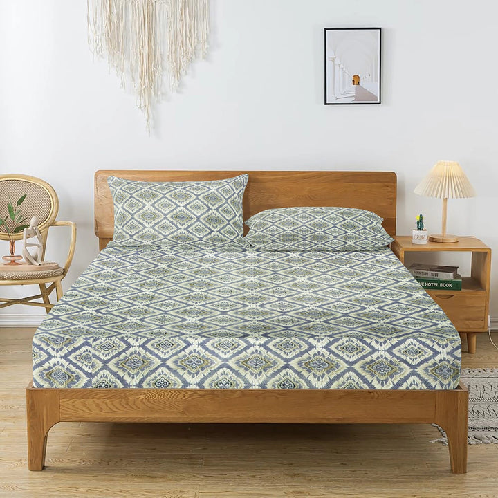 Printed Abstract Cotton 144 TC Fitted Bedsheet with Pillow Covers - Blue