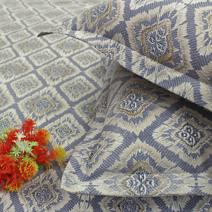 Printed Abstract Cotton 144 TC Fitted Bedsheet with Pillow Covers - Blue