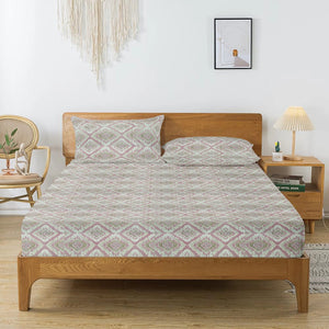 Printed Abstract Cotton 144 TC Fitted Bedsheet with Pillow Covers - Magenta