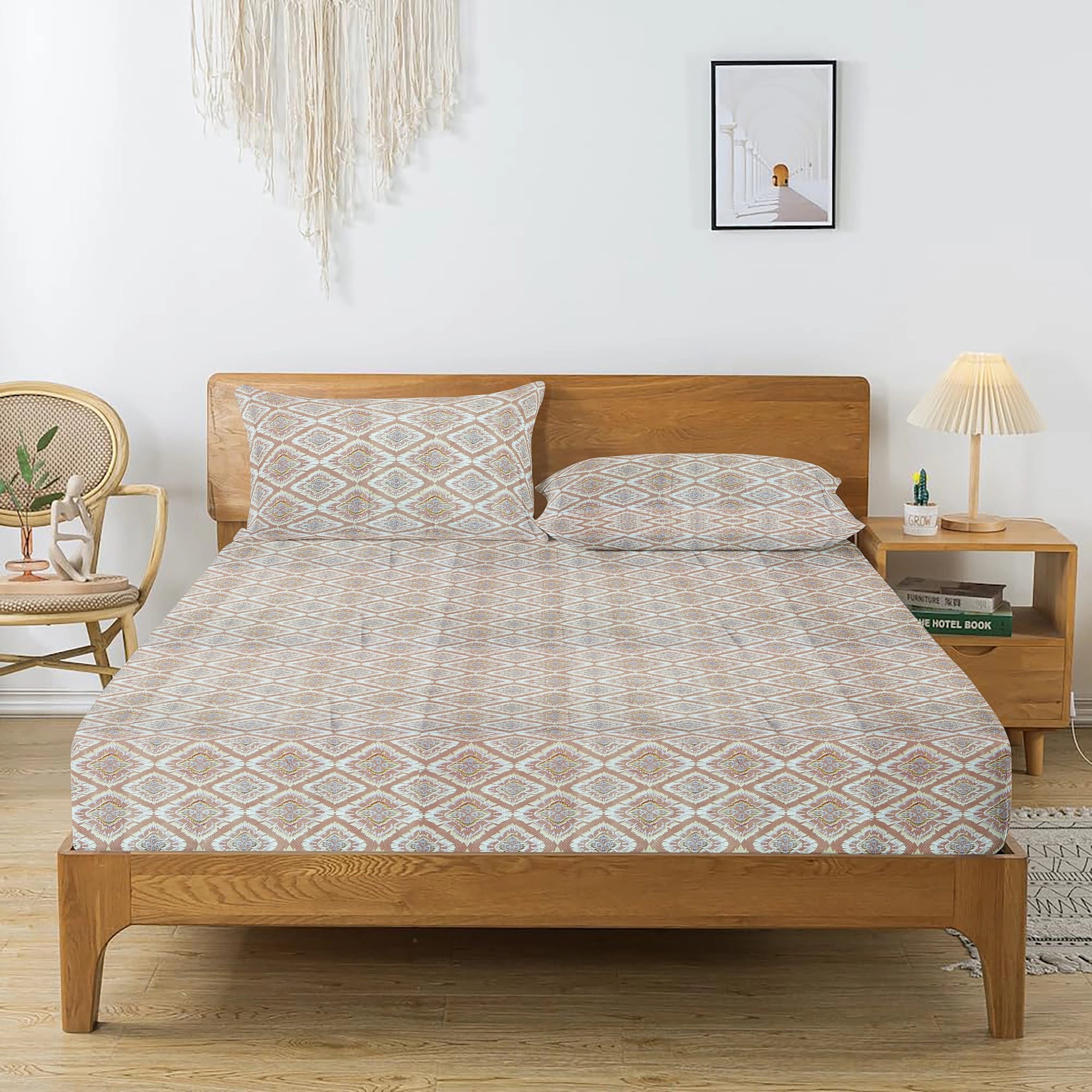 Printed Abstract Cotton 144 TC Bedsheet with Pillow Covers - Peach