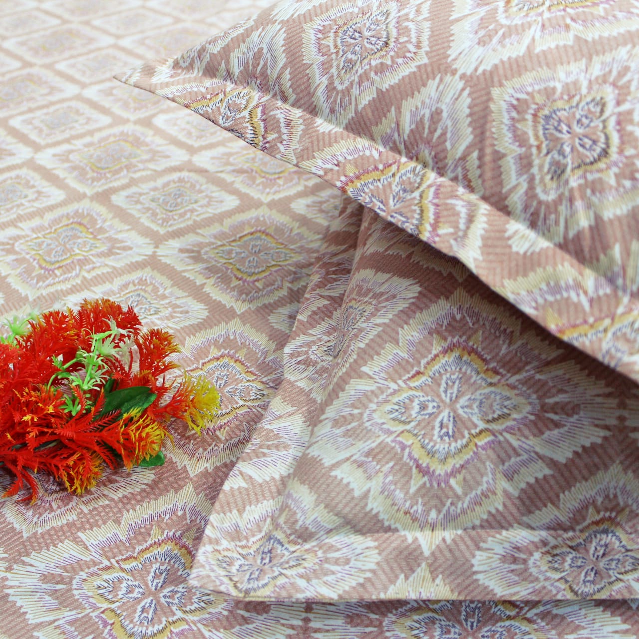 Printed Abstract Cotton 144 TC Fitted Bedsheet with Pillow Covers - Peach