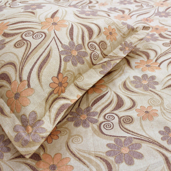 Printed Floral Cotton 144 TC Fitted Bedsheet with Pillow Covers - Brown