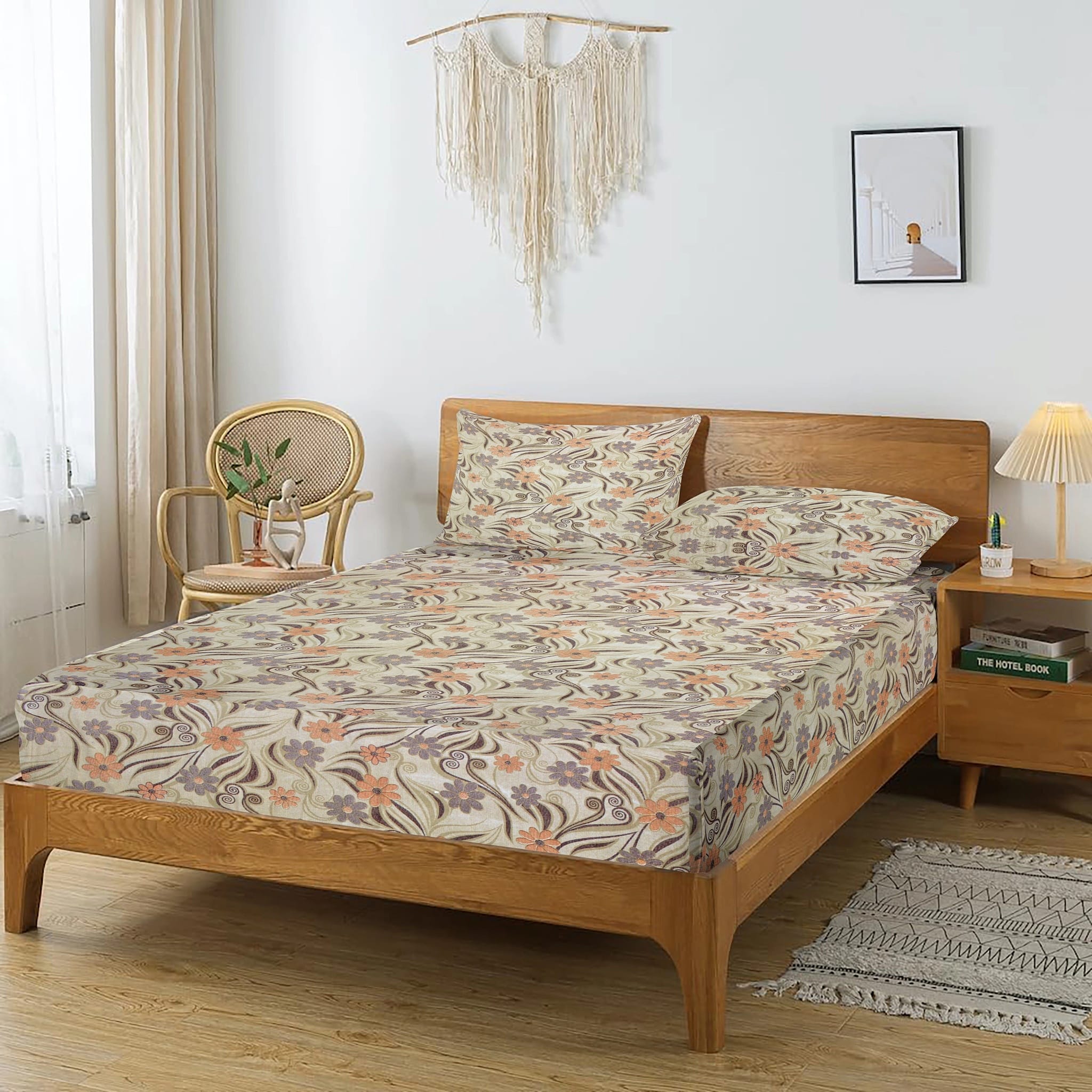 Printed Floral Cotton 144 TC Fitted Bedsheet with Pillow Covers - Brown