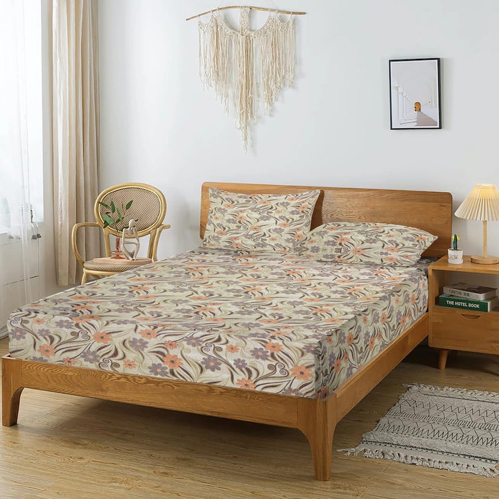 Printed Floral Cotton 144 TC Fitted Bedsheet with Pillow Covers - Brown
