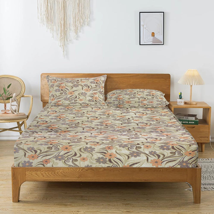 Printed Floral Cotton 144 TC Fitted Bedsheet with Pillow Covers - Brown