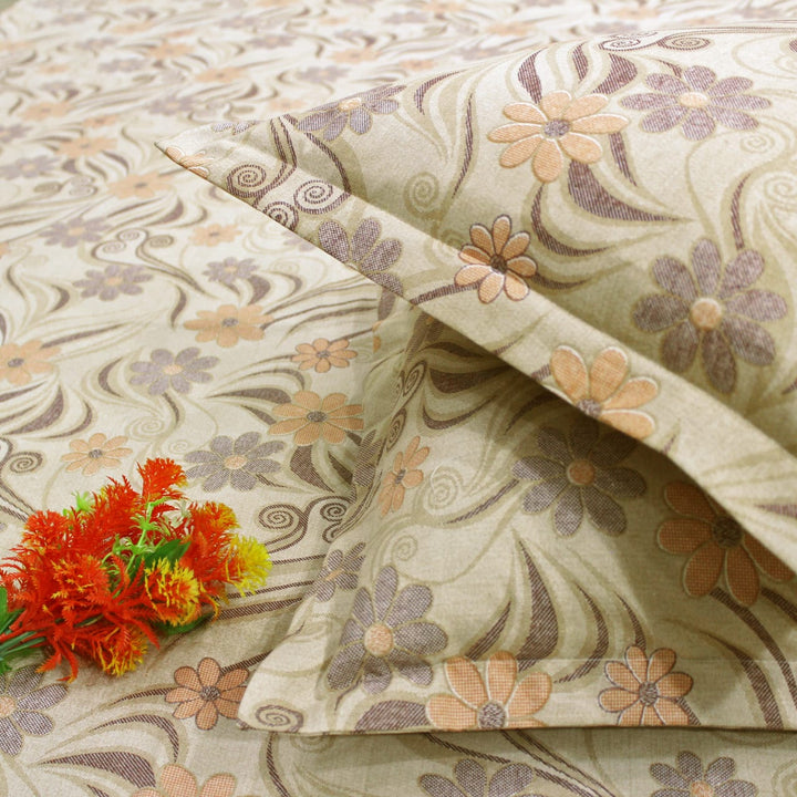 Printed Floral Cotton 144 TC Fitted Bedsheet with Pillow Covers - Brown