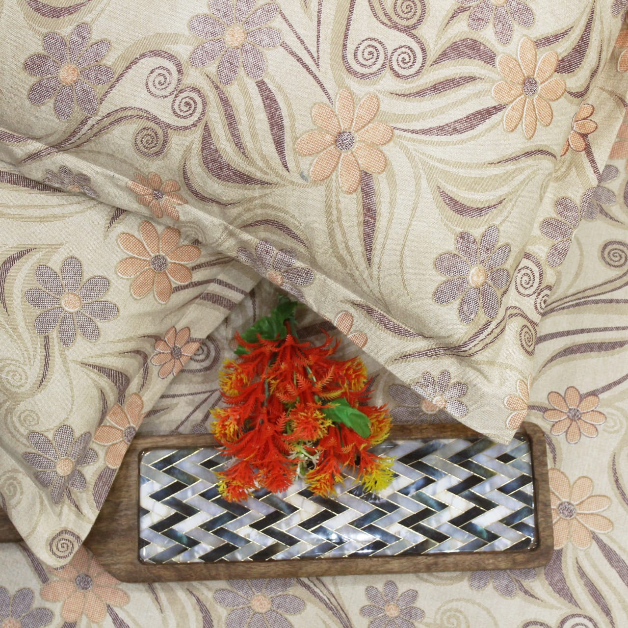 Printed Floral Cotton 144 TC Bedsheet with Pillow Covers - Brown