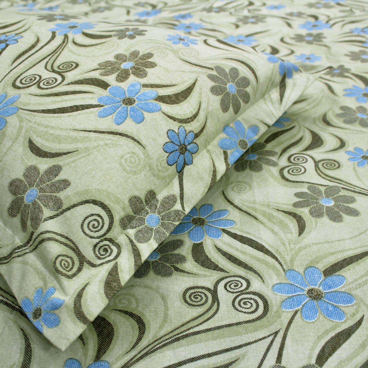 Close-up view Printed Floral Cotton 144 TC Fitted Bedsheet with Pillow Covers - Green
