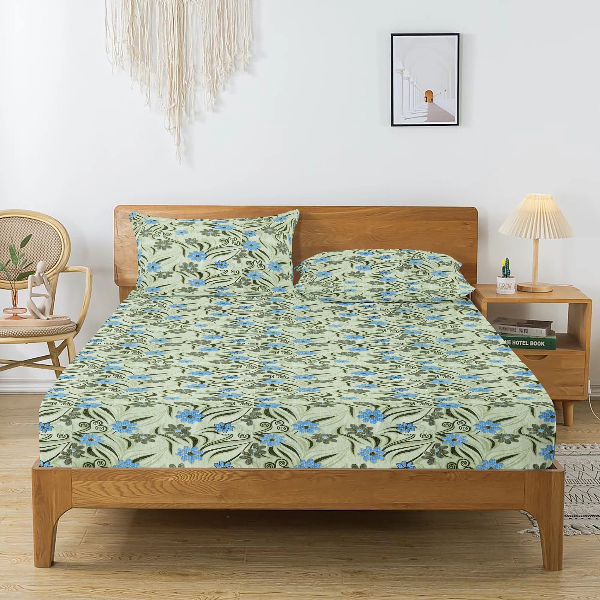 Printed Floral Cotton 144 TC Fitted Bedsheet with Pillow Covers - Green