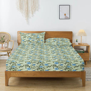 Printed Floral Cotton 144 TC Fitted Bedsheet with Pillow Covers - Green