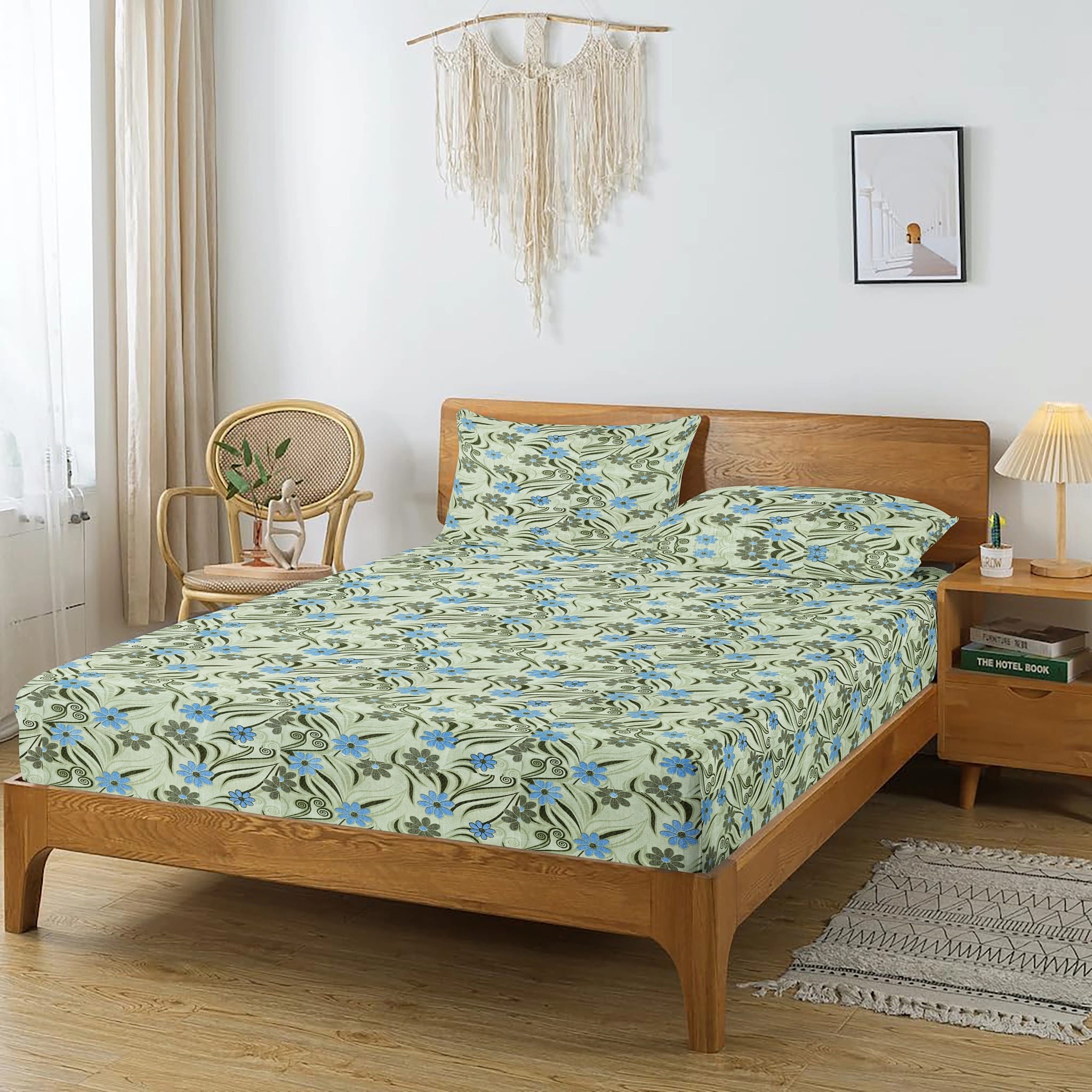 Printed Floral Cotton 144 TC Fitted Bedsheet with Pillow Covers - Green