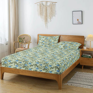 Printed Floral Cotton 144 TC Fitted Bedsheet with Pillow Covers - Green