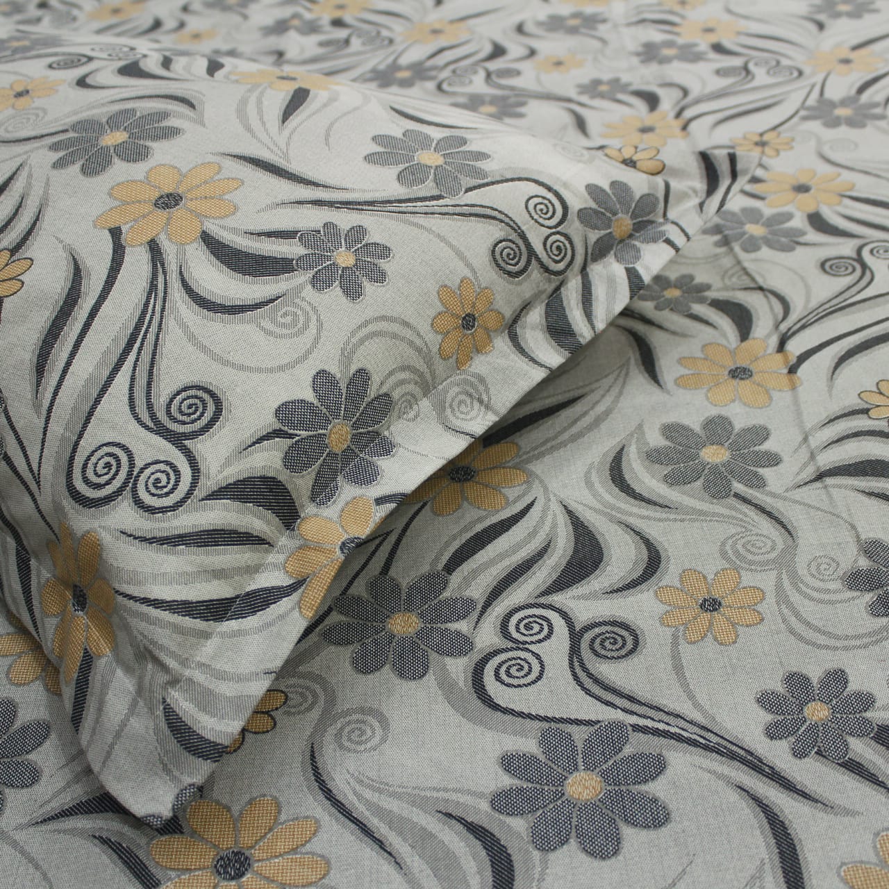 Close up Printed Floral Cotton 144 TC Bedsheet with Pillow Covers - Grey
