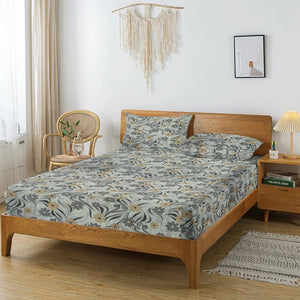 Printed Floral Cotton 144 TC Fitted Bedsheet with Pillow Covers - Grey