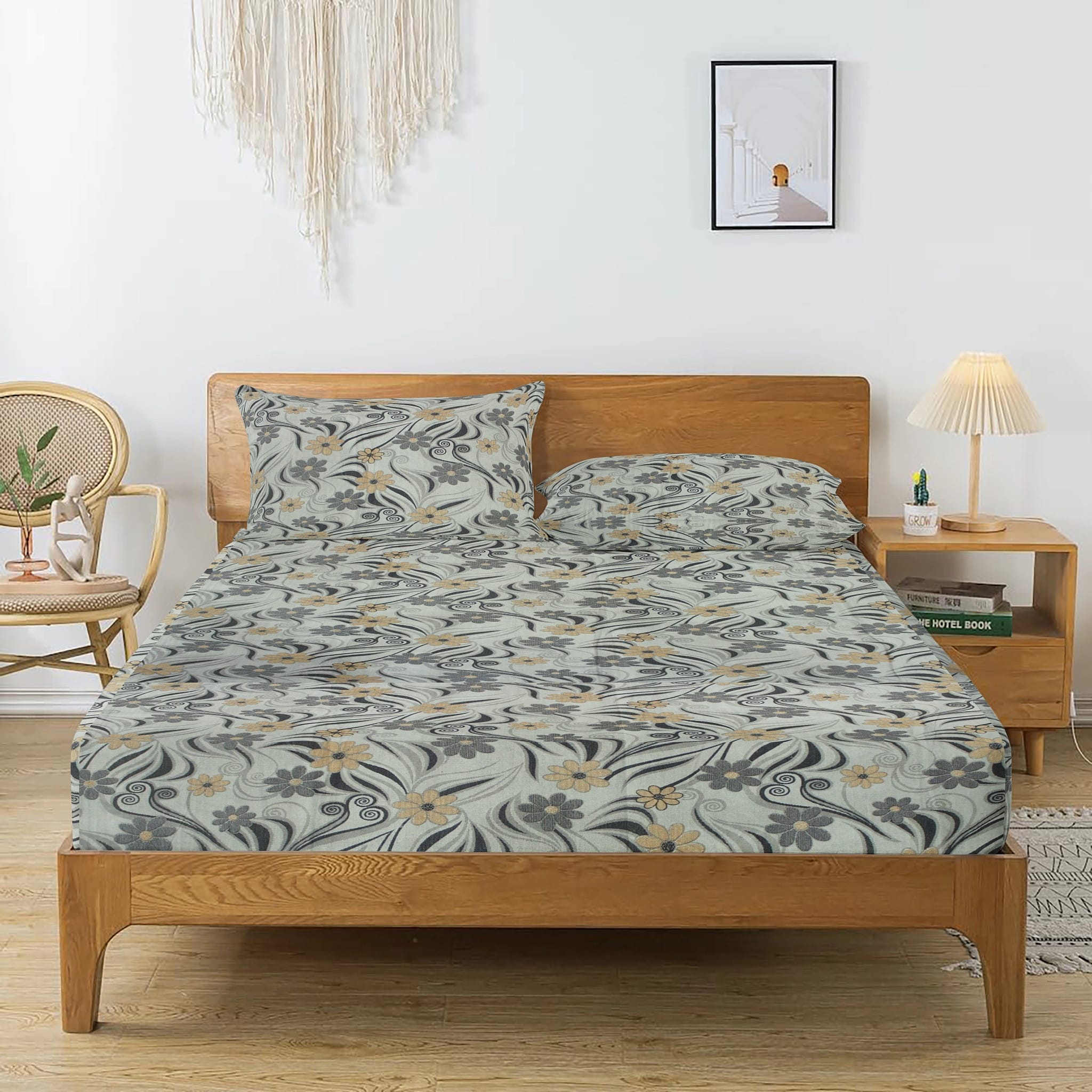 Printed Floral Cotton 144 TC Fitted Bedsheet with Pillow Covers - Grey