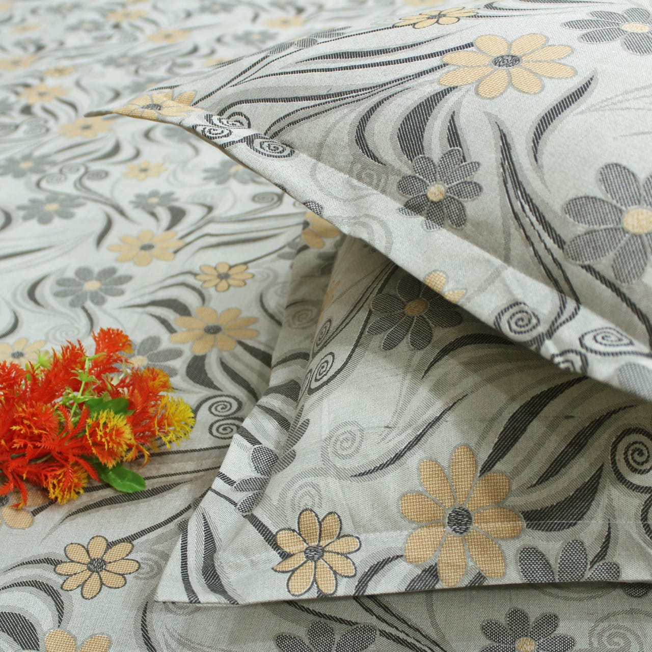 Close up View  Printed Floral Cotton 144 TC Bedsheet with Pillow Covers - Grey