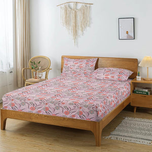 Printed Floral Cotton 144 TC Fitted Bedsheet with Pillow Covers - Magenta