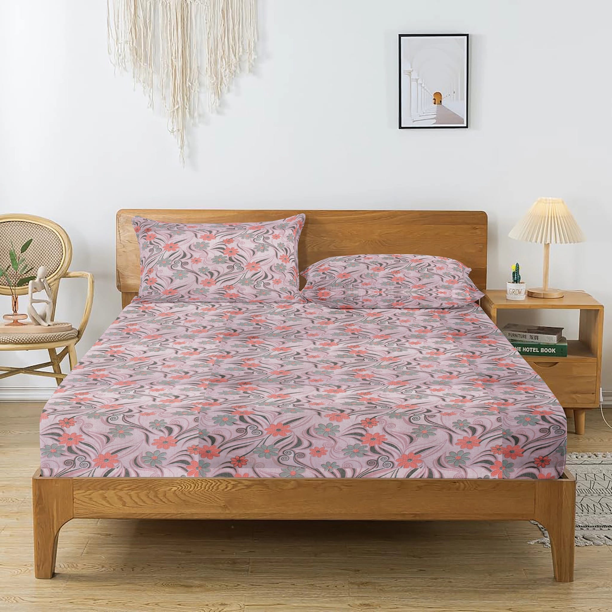 Printed Floral Cotton 144 TC Fitted Bedsheet with Pillow Covers - Magenta