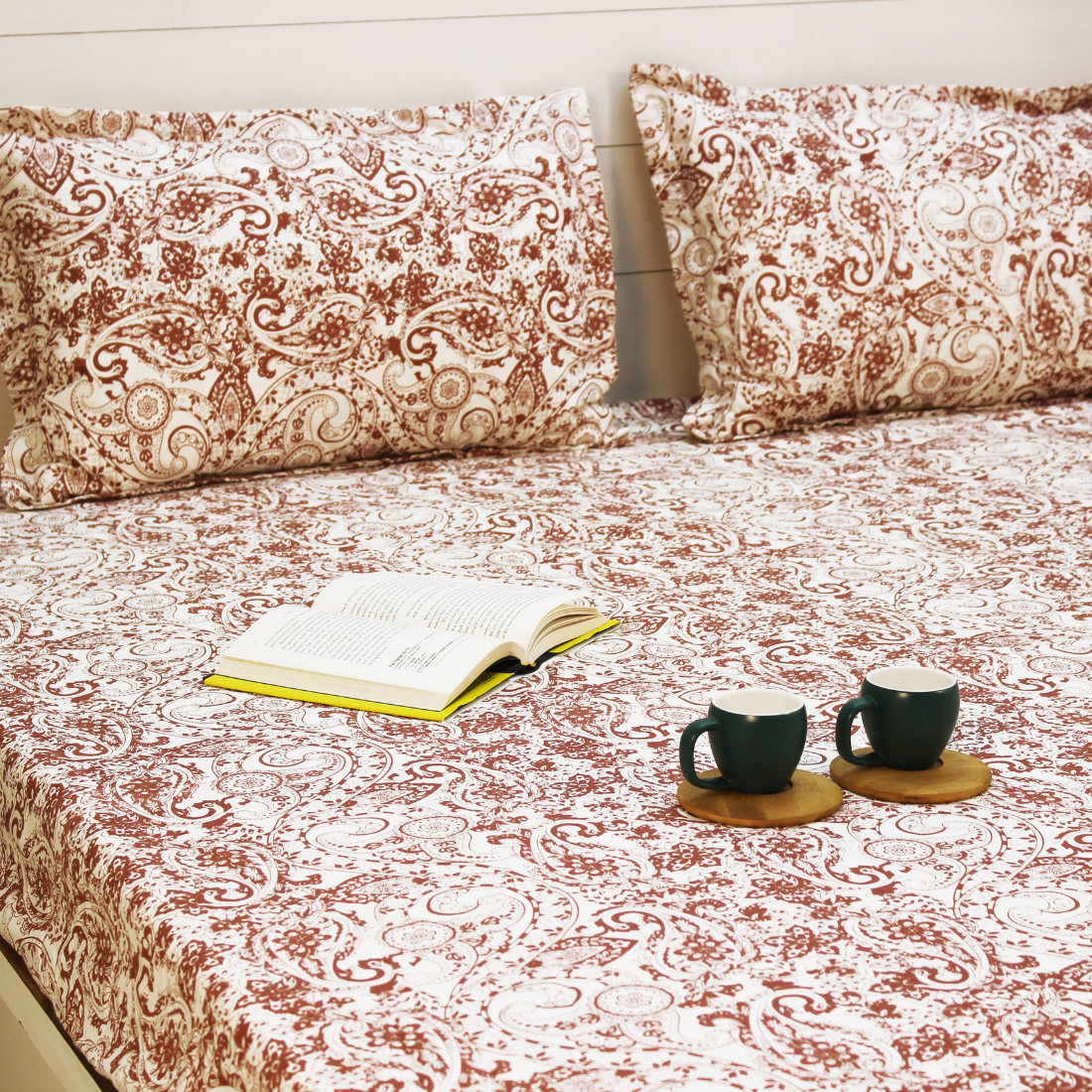 Printed Paisley Cotton 144 TC Fitted Bedsheet with Pillow Covers - Rust