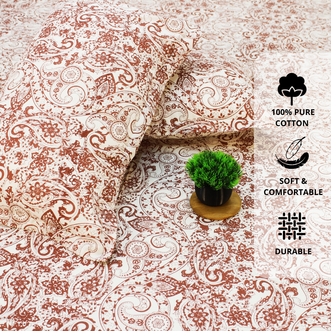 Printed Paisley Cotton 144 TC Fitted Bedsheet with Pillow Covers - Rust