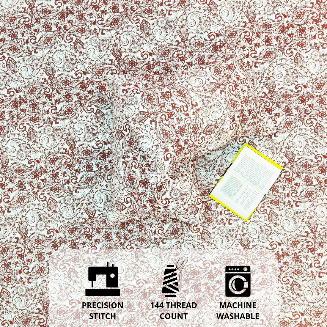 Printed Paisley Cotton 144 TC Fitted Bedsheet with Pillow Covers - Rust