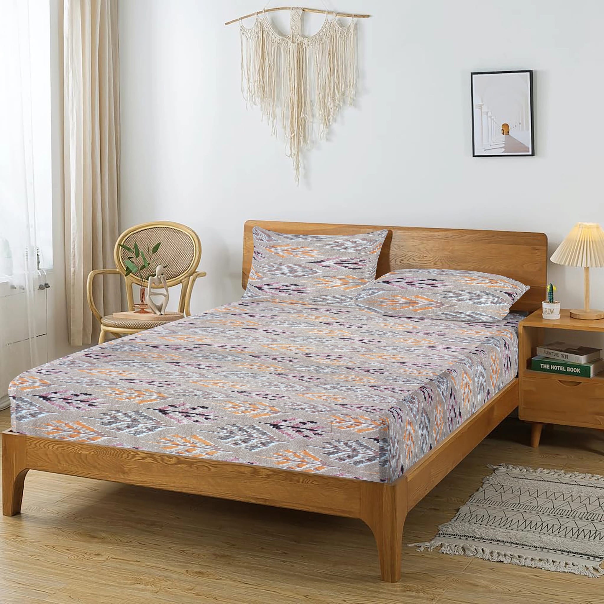 Printed Abstract Cotton 144 TC Bedsheet with Pillow Covers - Brown