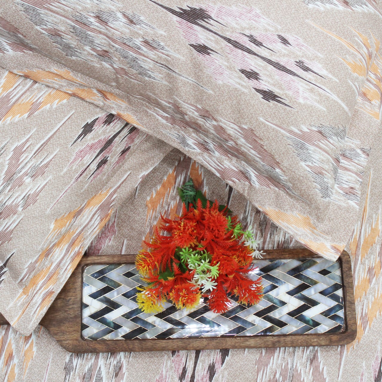 Printed Abstract Cotton 144 TC Bedsheet with Pillow Covers - Brown