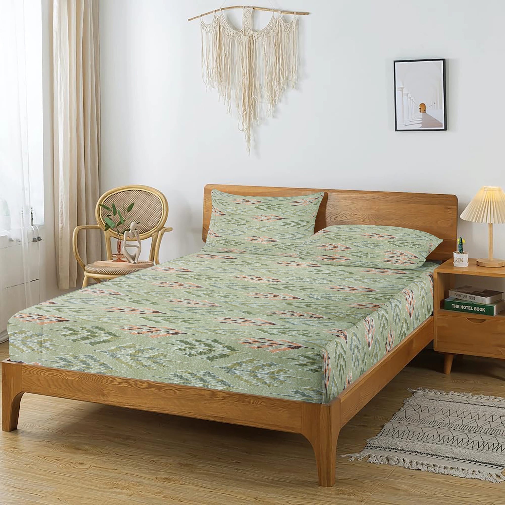 Printed Abstract Cotton 144 TC Bedsheet with Pillow Covers - Green