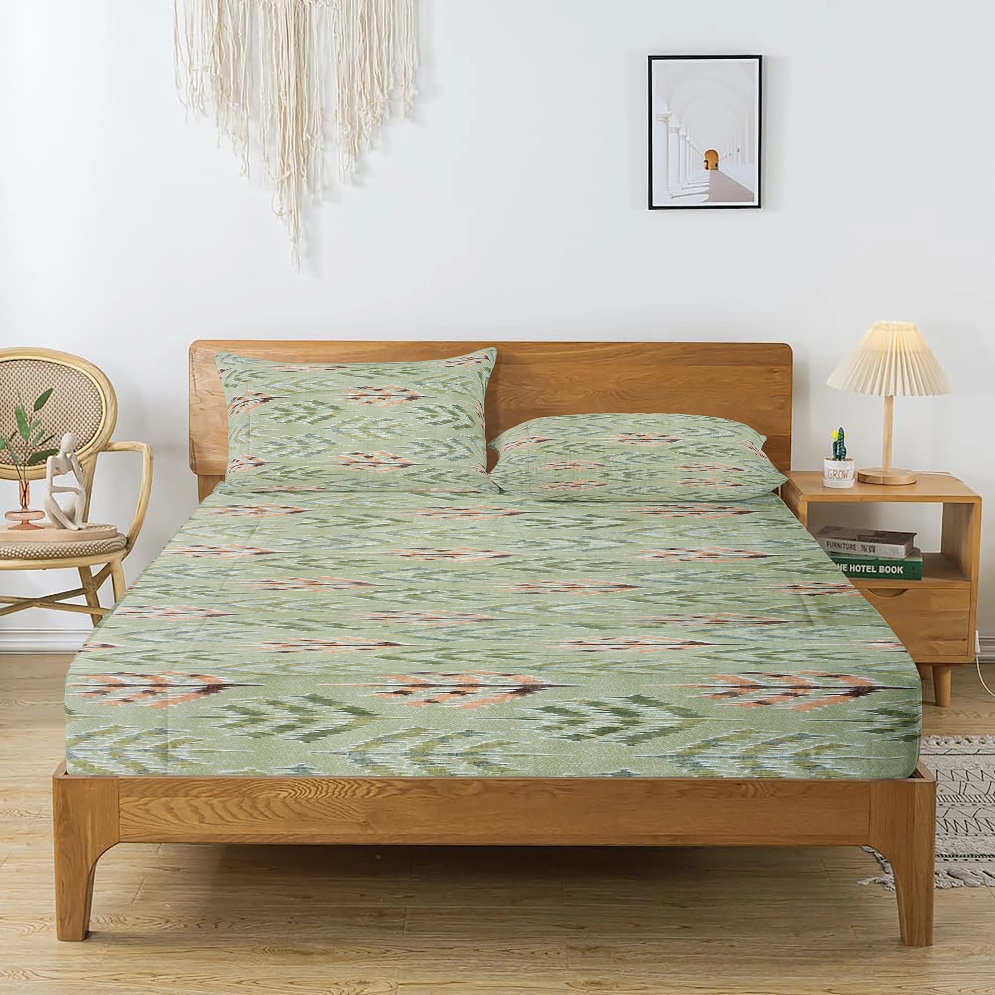 Printed Abstract Cotton 144 TC Bedsheet with Pillow Covers - Green