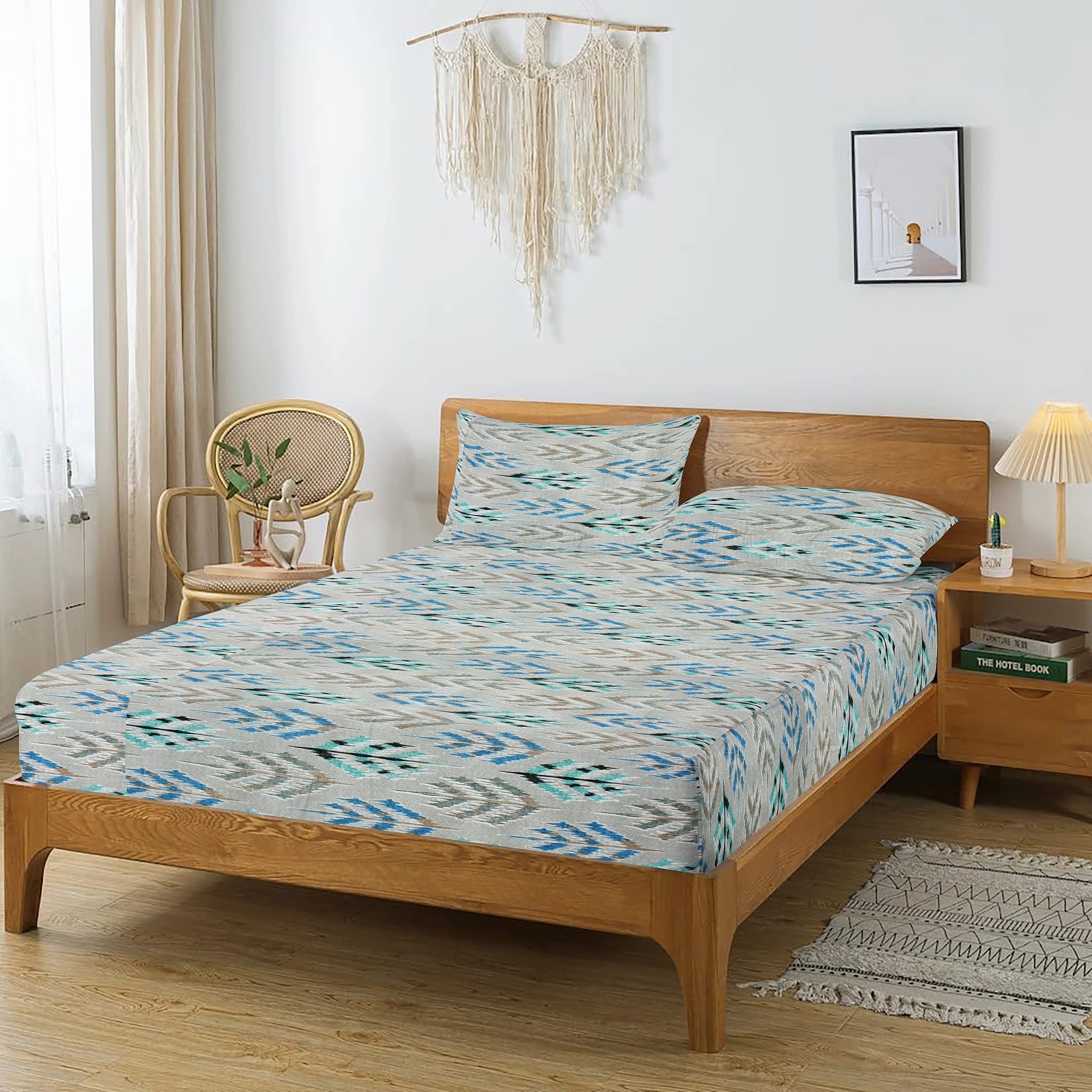 Printed Abstract Cotton 144 TC Flat Bedsheet with Pillow Covers - Grey