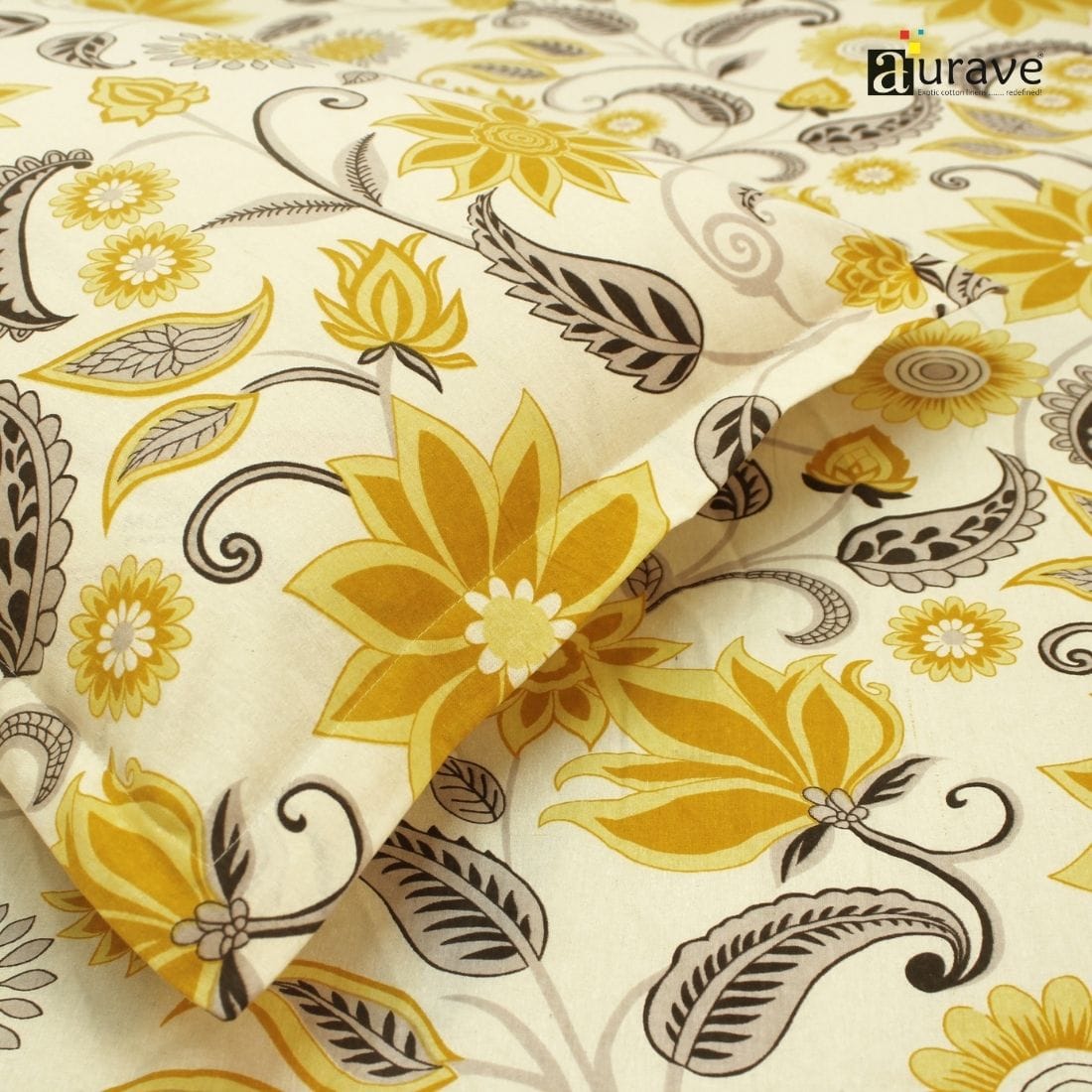 Printed Floral Cotton 144 TC Fitted Bedsheet with Pillow Covers - Yellow