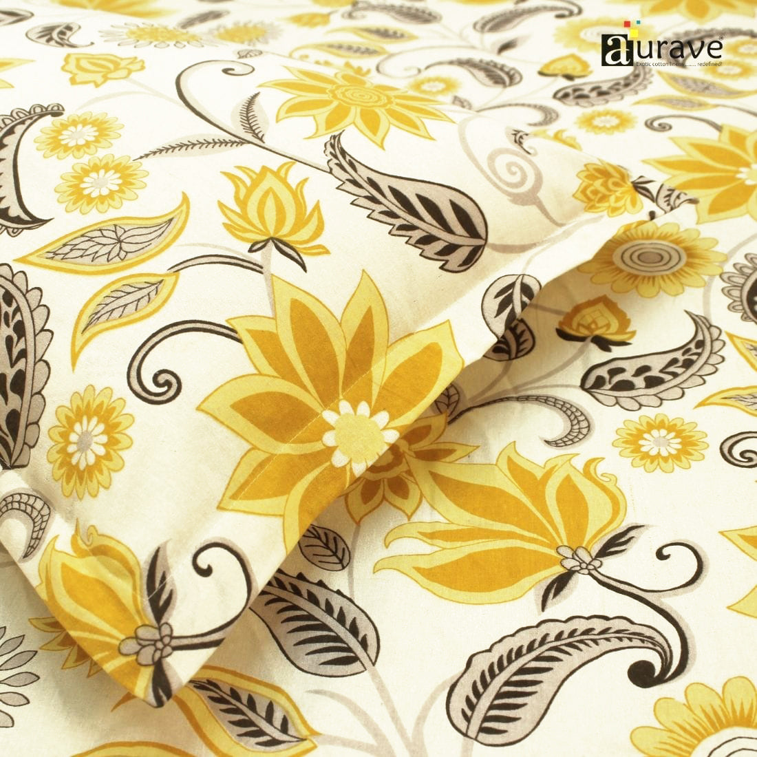 Printed Floral Cotton 144 TC Fitted Bedsheet with Pillow Covers - Yellow