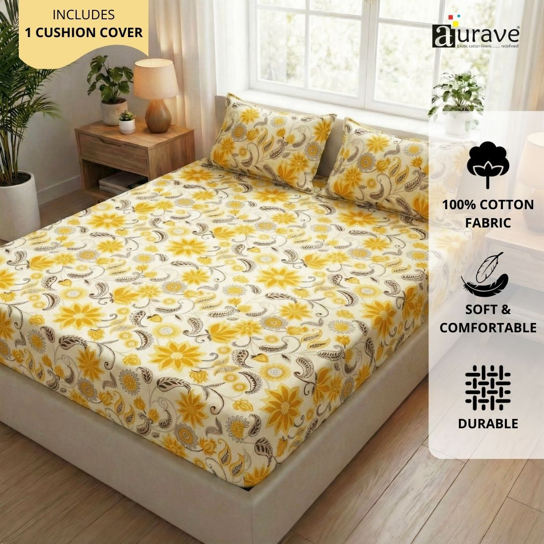 Printed Floral Cotton 144 TC Fitted Bedsheet with Pillow Covers - Yellow