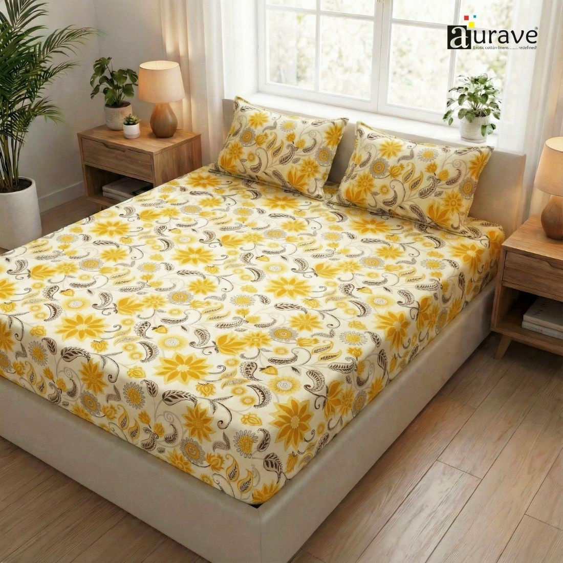 Printed Floral Cotton 144 TC Flat Bedsheet with Pillow Covers - Yellow