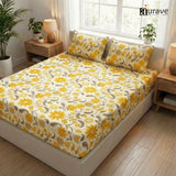 Printed Floral Cotton 144 TC Flat Bedsheet with Pillow Covers - Yellow