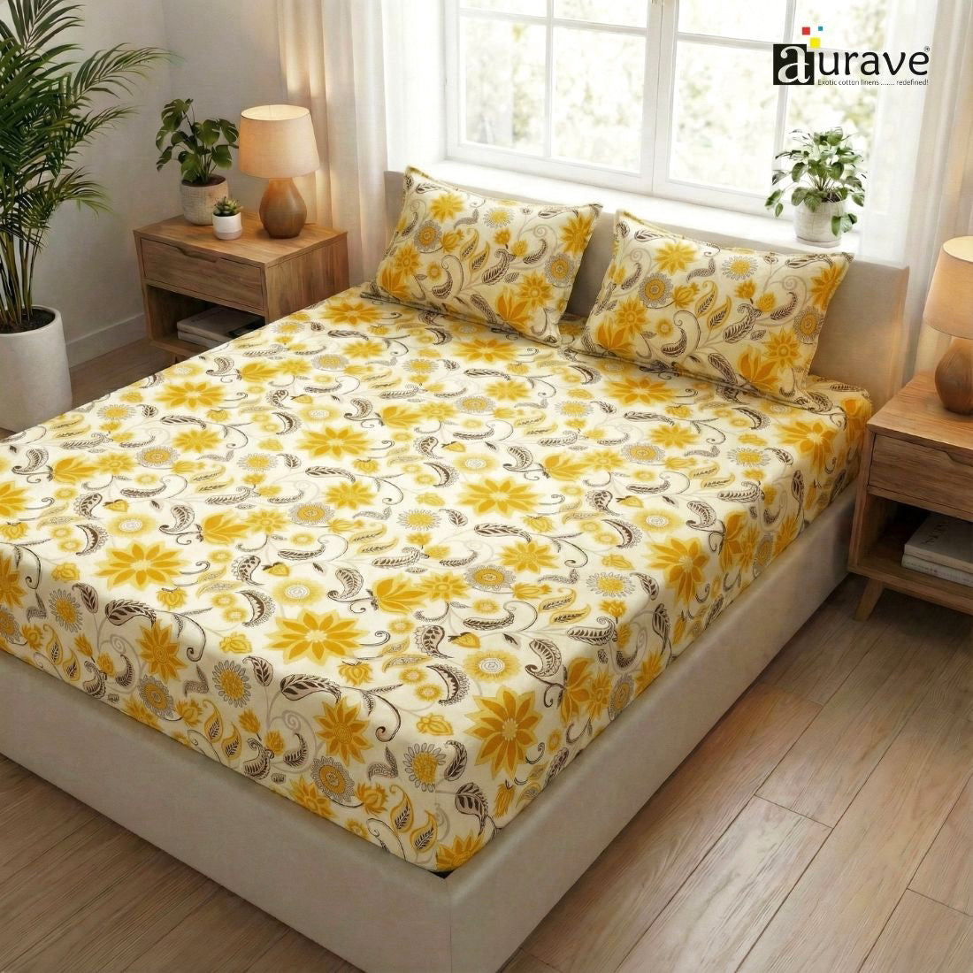 Printed Floral Cotton 144 TC Flat Bedsheet with Pillow Covers - Yellow