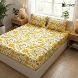 Printed Floral Cotton 144 TC Flat Bedsheet with Pillow Covers - Yellow