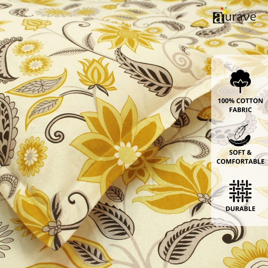 Printed Floral Cotton 144 TC Flat Bedsheet with Pillow Covers - Yellow
