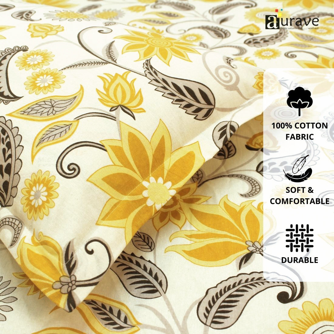 Printed Floral Cotton 144 TC Flat Bedsheet with Pillow Covers - Yellow