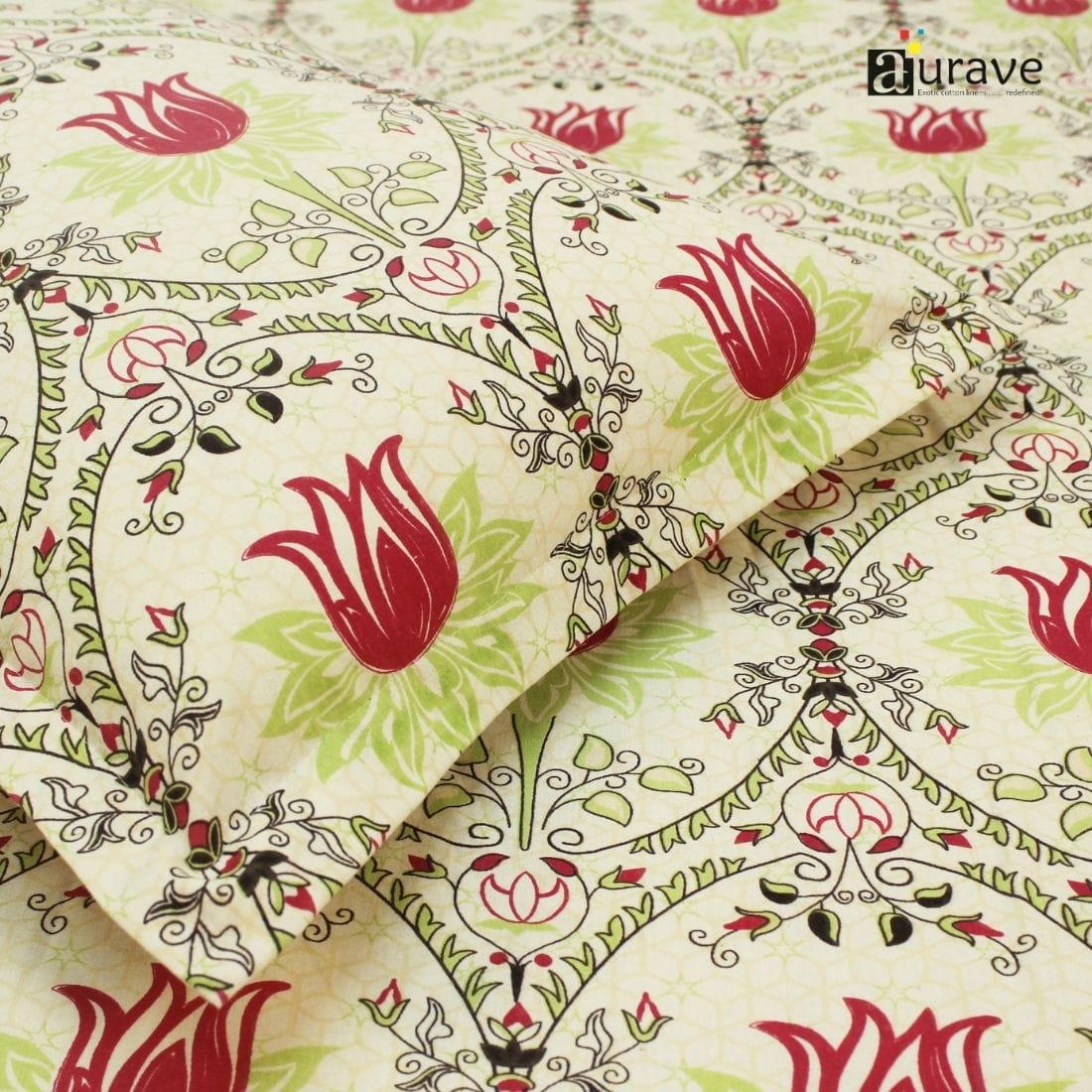 Printed Floral Cotton 144 TC Fitted Bedsheet with Pillow Covers - Multicolor