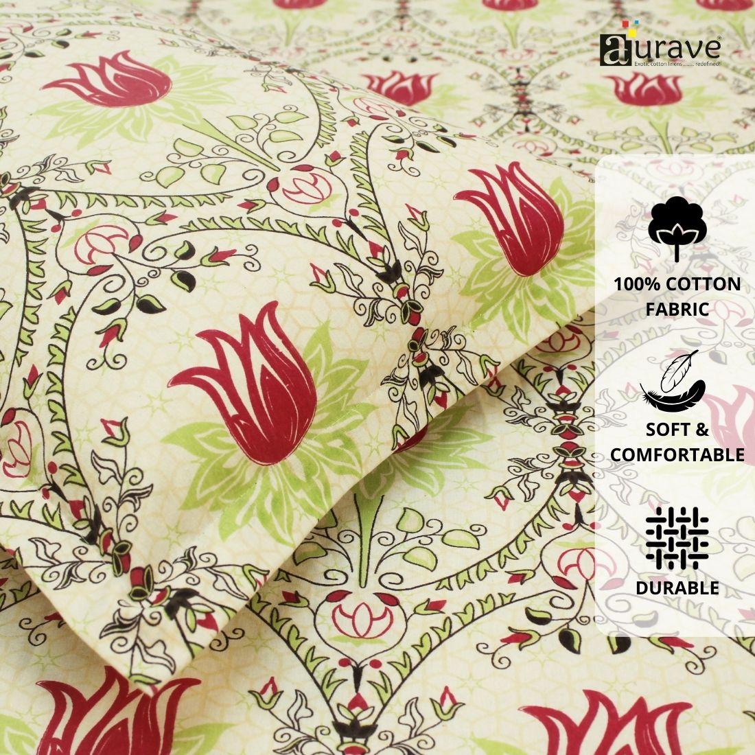 Printed Floral Cotton 144 TC Flat Bedsheet with Pillow Covers - Multicolor