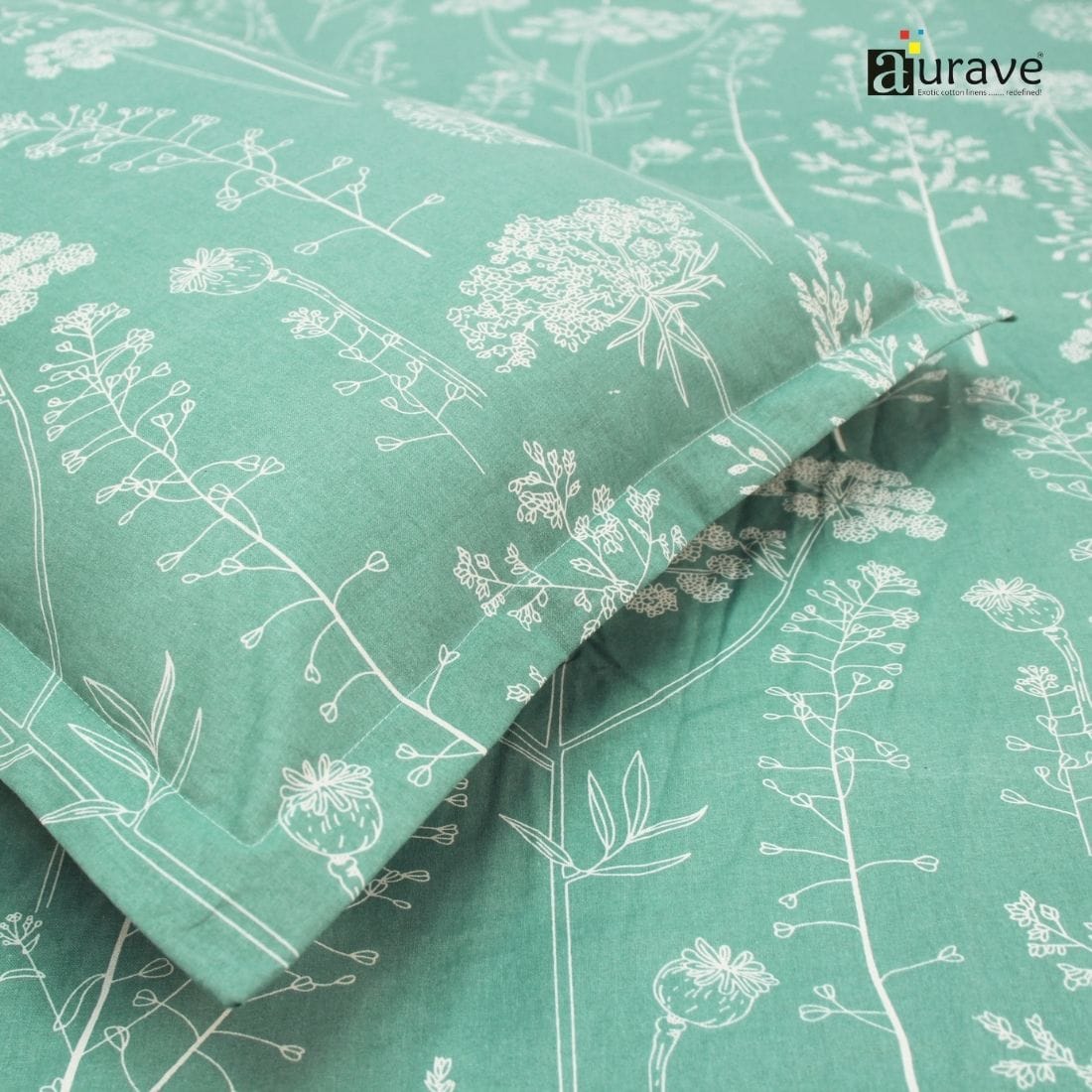 Printed Floral Cotton 144 TC Fitted Bedsheet with Pillow Covers - Green